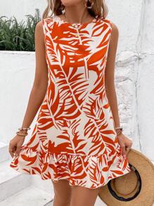 Breezaya 女士夏季热带植物印花露背结饰无袖假日风格直筒连衣裙度假海滩装 - 橘色 - 查看 4