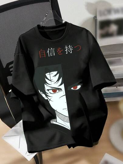 SHEIN 青少年男孩休闲卡通人物印花短袖 T 恤，棉混纺，夏季