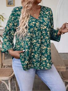 SHEIN LUNE Plus Size Summer Holiday Style Allover Floral Print Loose Cuffed Sleeve Blouse - Teal Blue - View 4