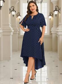SHEIN Clasi Đầm viền bất đối xứng in họa tiết chấm bi cỡ lớn thanh lịch cho mùa Xuân/Hè - Màu xanh hải quân - Xem 4