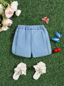 SHEIN Baby Girl Summer Elastic Waist Letter Graphic Denim Shorts - Light Wash - View 2