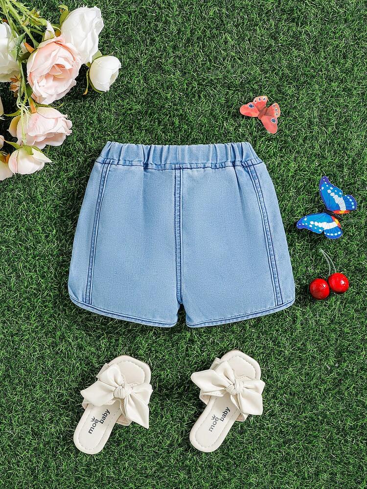 Baby Girl Summer Elastic Waist Letter Graphic Denim Shorts