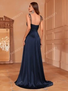 Faeriesty Elegant Solid Satin Bridal Maid Dress With Side High-Slit & Adjustable Strap Ties | Luxury Evening Look For Weddings, Parties Or Formal Events Bridesmaid Dress
