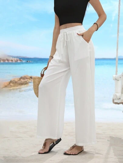 Pantalones rectos casuales de unicolor con bolsillo oblicuo y cintura con cordón