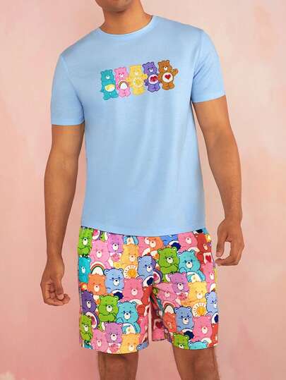 SHEIN X Care Bears Conjunto de camiseta de manga corta y pantalón corto informal en dos piezas con estampado de oso arcoíris de dopamina de dibujos animados para hombres en verano