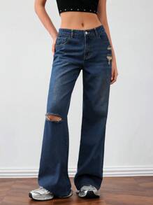 Forever 21 Vintage Distressed Washed Straight Wide Leg Jeans