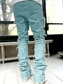 Men Creative Fashion Plain Color Zipper Fly Fringe Jeans - Baby Blue - View 2