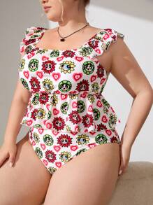 THE POWERPUFF GIRLS X SHEIN Plus Size Casual Vacation Style Cartoon Printed Ruffle Trim Tankini Set, Summer