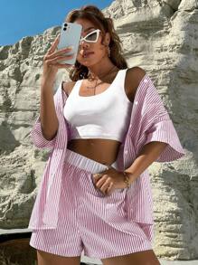 SHEIN Unity Three-Piece Set Of Striped Shirt, Shorts, And Solid Color Vest For Vacation And Leisure - Pink - View 6