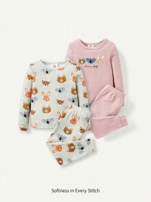 Baby Girl Cute Animal Pattern Round Neck Top And Long Pants 4pcs Set Snug Fit Sleepwear Suit Matching Set - Pink - View 1