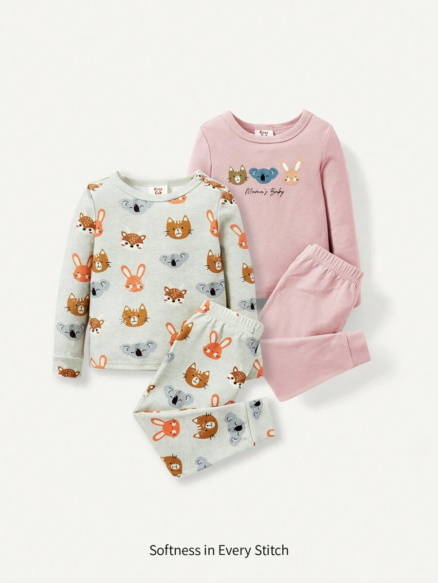 Baby Girl Cute Animal Pattern Round Neck Top And Long Pants 4pcs Set Snug Fit Sleepwear Suit Matching Set - Pink - View 1