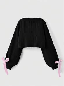 ROMWE Kawaii Suéter De Mangas De Linterna Con Frente Abierto, Estilo Ladylike Suave Y Encantador Con Decoración De Lazo