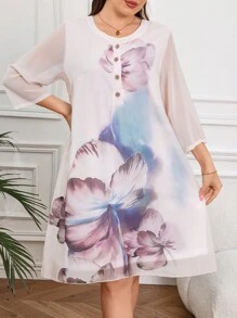 EMERY ROSE 大尺碼時尚花卉印花寬鬆連衣裙 - 杏色 - 查看 1