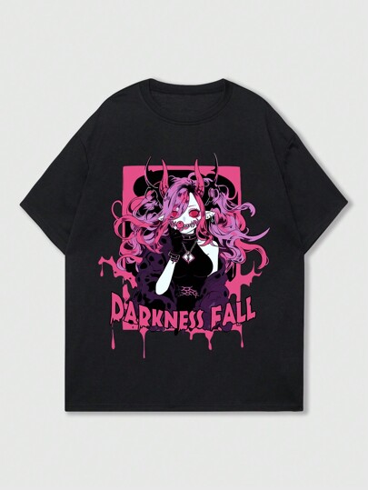 Anime Men Summer Short Sleeve Round Neck Casual T-Shirt With Cartoon Character And Letter Print