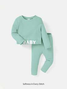 Cozy Pixies Baby Girl Letter Graphic Ribbed Knit Tee & Leggings - Mint Green - View 1