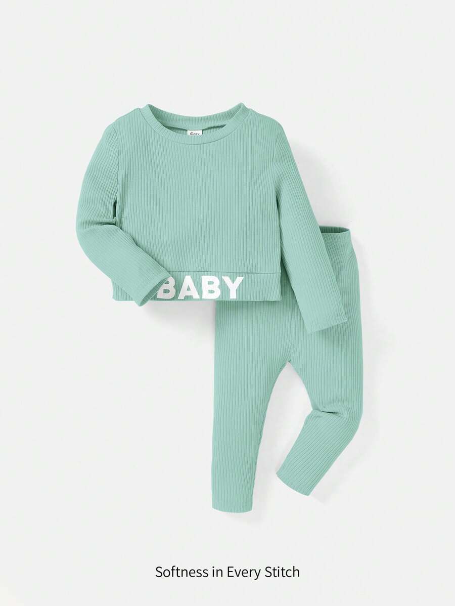 Cozy Pixies Baby Girl Letter Graphic Ribbed Knit Tee & Leggings - Mint Green - View 1