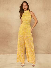 SHEIN Unity 系带挂脖阔腿褶皱腰花卉印花休闲连体裤 - 彩色 - 查看 1