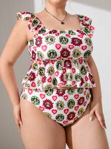 THE POWERPUFF GIRLS X SHEIN Plus Size Casual Vacation Style Cartoon Printed Ruffle Trim Tankini Set, Summer