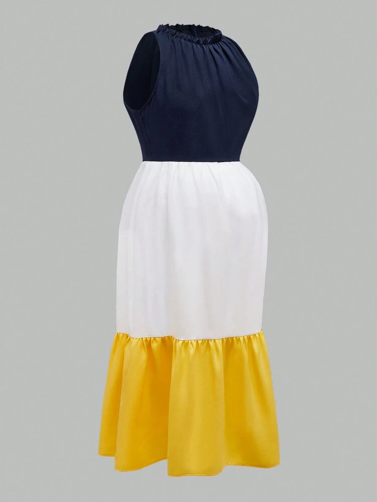 Pregnant Women Summer Colorblock Stand Collar Sleeveless Dress With Ruffled Hem And Ear-Shaped Trimmings For Maternity