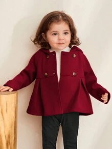 Baby Girls' Mid-Weight Woolen Hooded Coat With Raglan Sleeves - Burgundy - View 3