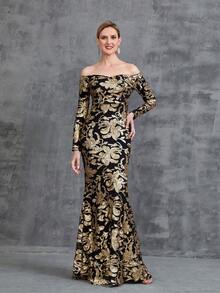 Women's Off Shoulder Long Sleeve Sequin Party Dress - Black - View 6