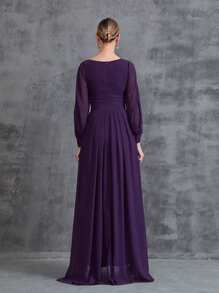 Women's Long Sleeve Rhinestone Decor Chiffon Party Dress - Purple - View 2