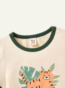 Cozy Pixies Baby Boy Cartoon Tiger Pattern Color Block Short Sleeve T-Shirt And Solid Color Shorts Set - Army Green - View 5