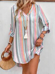Breezaya Colorful Striped V-Neck Dress With Arc-Shaped Hemline For Spring And Summer Casual Wear Vacation Beach Outfits Women