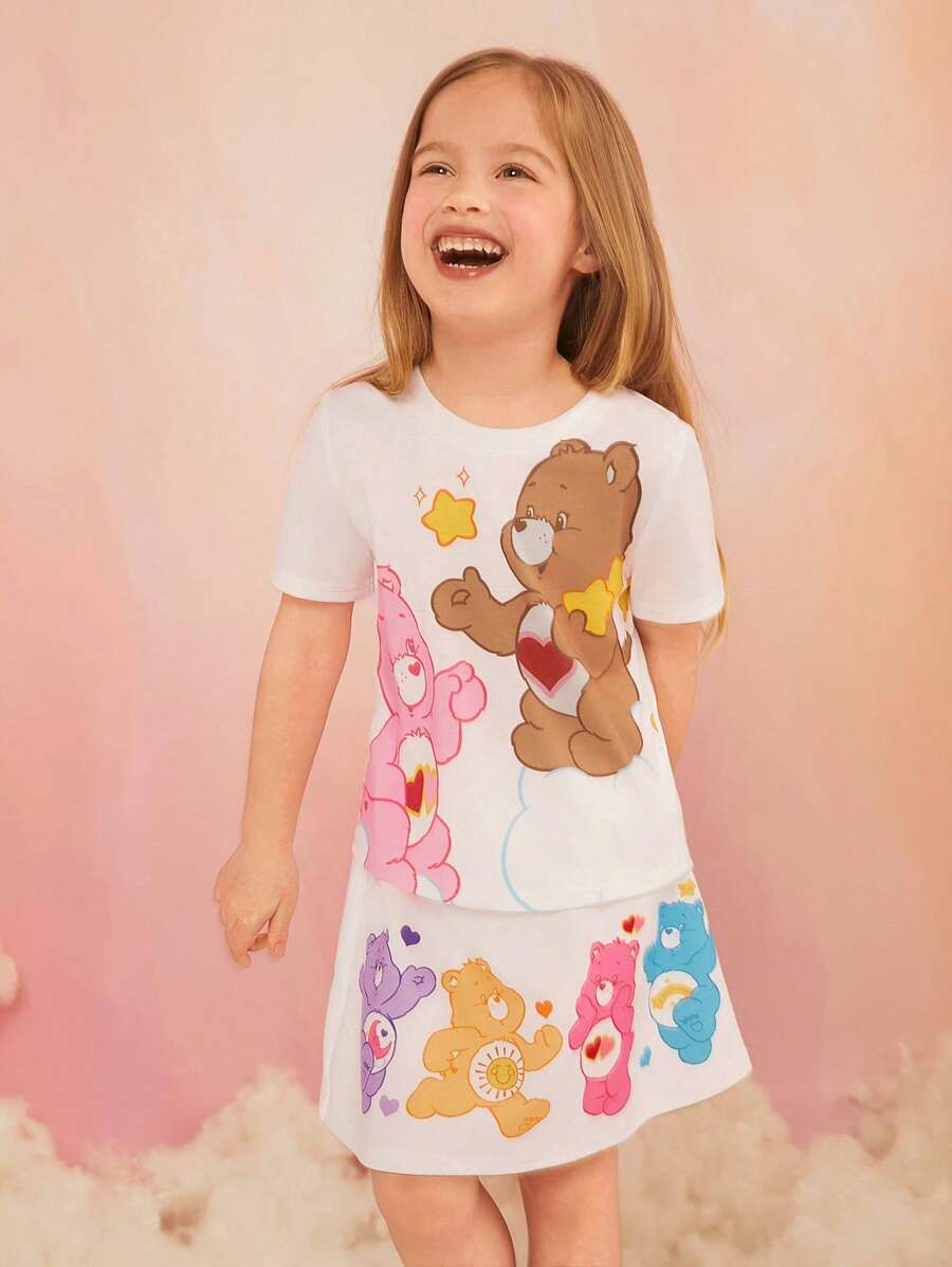SHEIN X Care Bears Young Girl's Pink And Brown Bear Print Short Sleeve T-Shirt With Regular Shoulder And Round-Neck For Summer - White - View 1