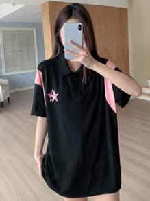 DAZY 女性對比色簡約心形短袖T恤 - 黑色 - 查看 4