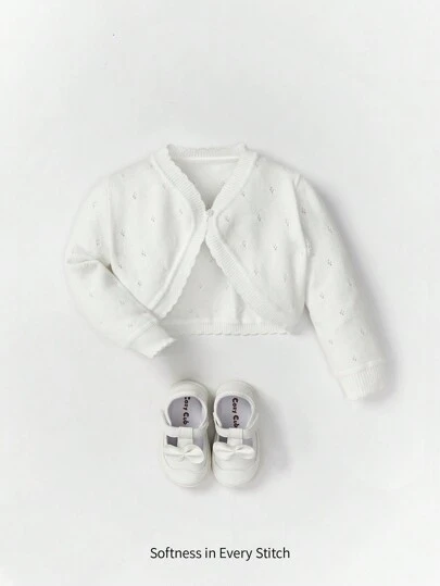 SHEIN Baby Girl Knitted Thin Long Sleeve Cardigan With Decorative Trim,In Fall/Winter
