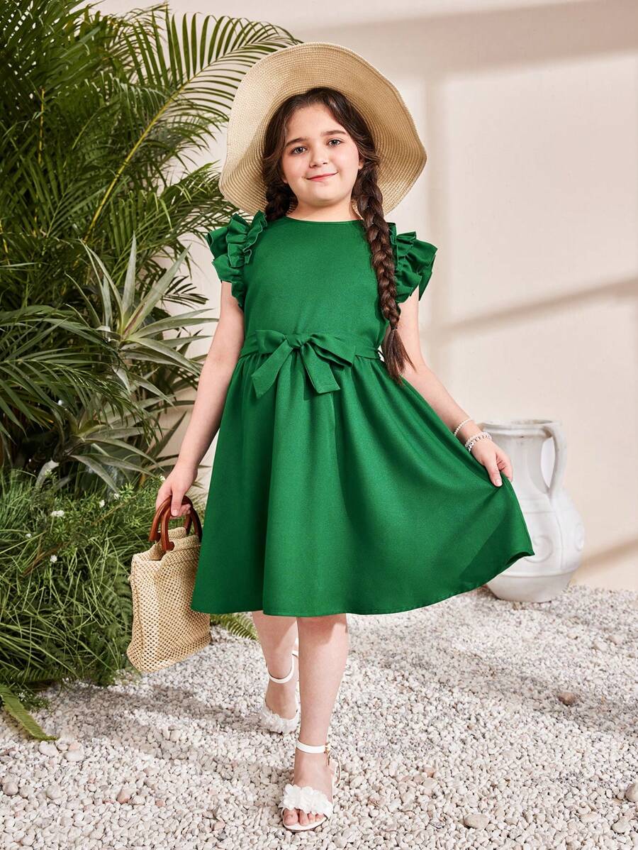 SHEIN Tween Girl Extended Size Casual And Vacation Spring/Summer Solid Color Woven Round Neck Ruffle Trim Sleeveless Dress - Dark Green - View 1