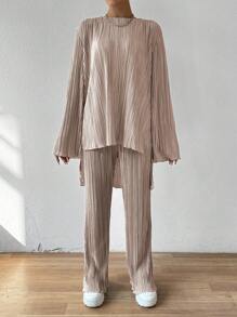 Chiquease Women Simple Vertical Striped Top And Pants Two-Piece Set - Baby Pink - View 3