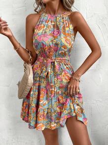 SHEIN Clasi Plus Size Women's Vacation Style Floral Print Halter Neck Dress For Summer