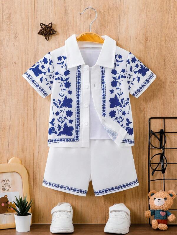 SHEIN 2pcs Baby Boy Vintage  Geometric Pattern Printed Casual Shirt And Shorts Set With Turn-Down Collar For Spring And Summer