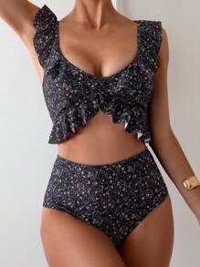 Swim Mod Summer Beach Vacation Allover Print Ditsy Print Ruffle Trim Spaghetti Strap Bikini Set