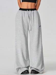 Coolane 运动女士休闲宽松拼色拼接运动裤阔腿裤 - 彩色 - 查看 3