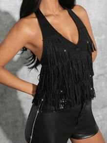 Hauture Fashion Rhinestone Fringe Tiered Halter Top For Music Festival - Black - View 5