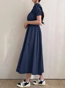 DAZY Women Summer Square Neckline Short Bubble Sleeve A-Line Dress With Ruffled Hem - Navy Blue - View 3