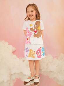 SHEIN X Care Bears Young Girl's Pink And Brown Bear Print Short Sleeve T-Shirt With Regular Shoulder And Round-Neck For Summer - White - View 4