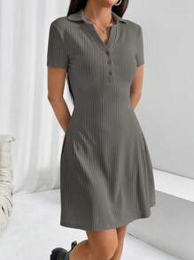 SHEIN EZwear Casual Solid Color Ribbed Knit Short Sleeve Dress For Spring And Summer - Dark Grey - View 1