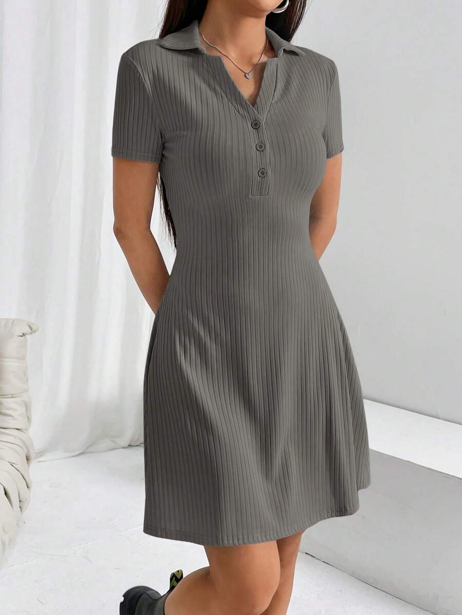 SHEIN EZwear Casual Solid Color Ribbed Knit Short Sleeve Dress For Spring And Summer - Dark Grey - View 1