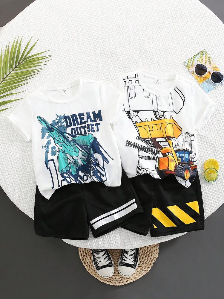 4pcs/Set Young Boy Casual, College Style, Comfortable, Fashionable, Simple, Practical, Versatile, And Soft T-Shirt With Cartoon Excavator Shaped Print And Black Shorts With Contrast Printed Hem & Rocket Shaped Print T-Shirt With Black Shorts With Contrast Printed Hem, Breathable And Comfortable, Suitable For Spring And Summer