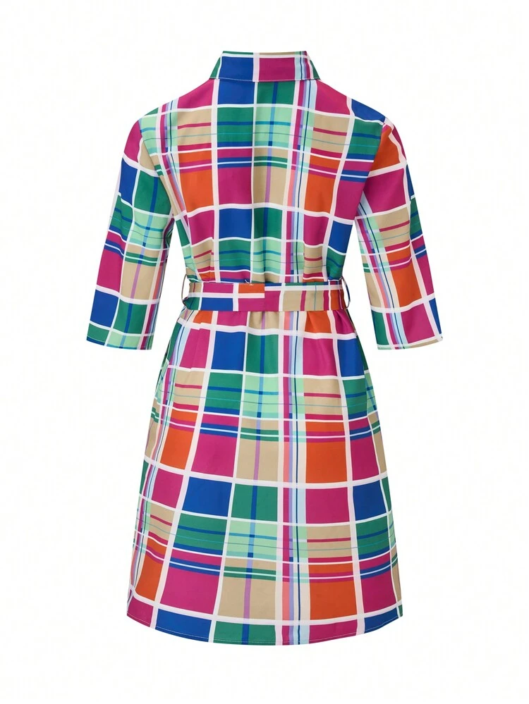 Women Front Buttoned Plaid Printed Collared Belted Midi Dress