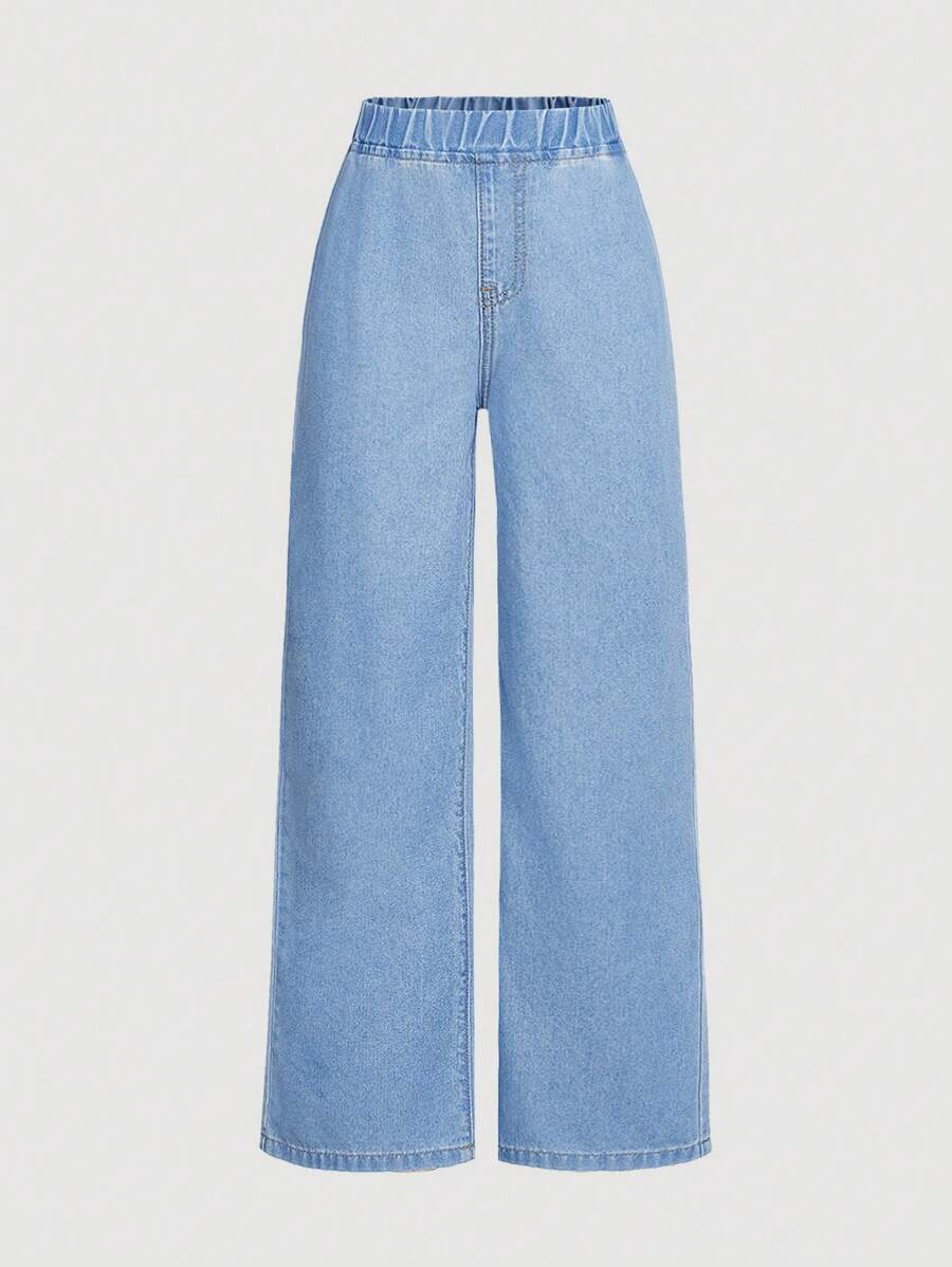 SHEIN Girlism Tween Girls Solid Color Elastic Waist Jeans For Spring & Summer - Light Wash - View 1