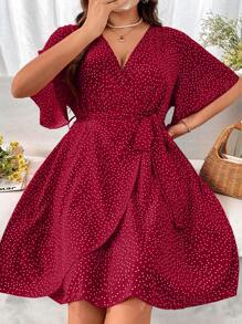 SHEIN Holidaya Plus Size Cổ Chữ V Thắt Nơ Viền Xù Váy Xuân/Hè - Màu Đỏ Sâu - Xem 1