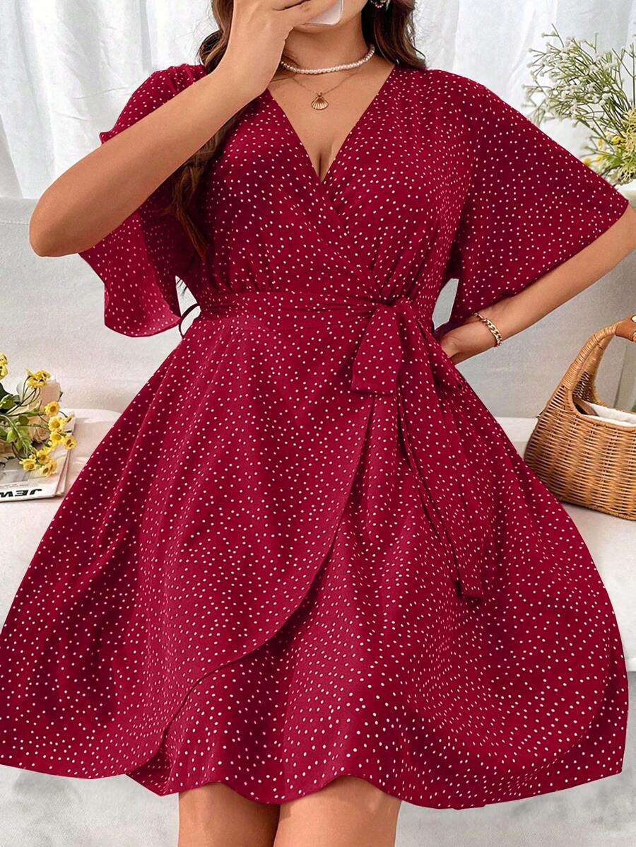 SHEIN Holidaya Plus Size Cổ Chữ V Thắt Nơ Viền Xù Váy Xuân/Hè - Màu Đỏ Sâu - Xem 1