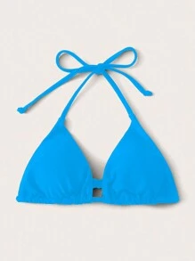 SHEIN Swim 女式夏季海灘度假風格純色簡約頸掛式三角杯比基尼上衣 - 淺藍色 - 查看 3