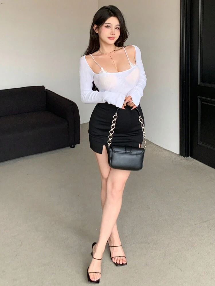Women Solid Color Deformed Square Neck Long Sleeve T-Shirt