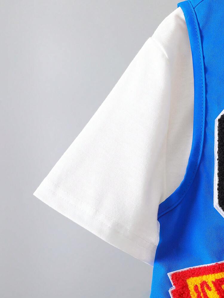 3pcs Tween Boys' Blue Patch Decor Sleeveless Top, Short-Sleeved T-Shirt And Pants Set